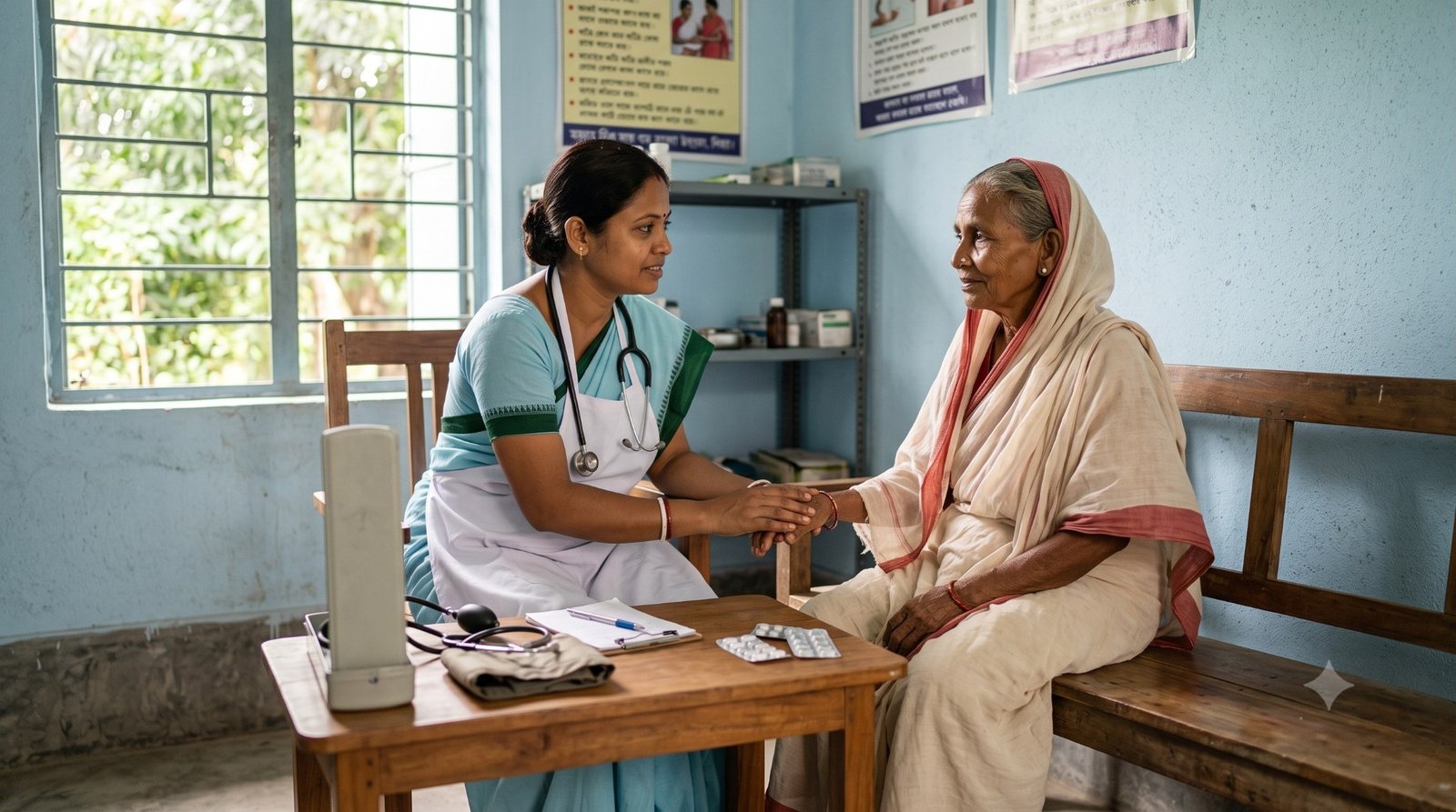 Rural health camp with doctor consulting village patient
